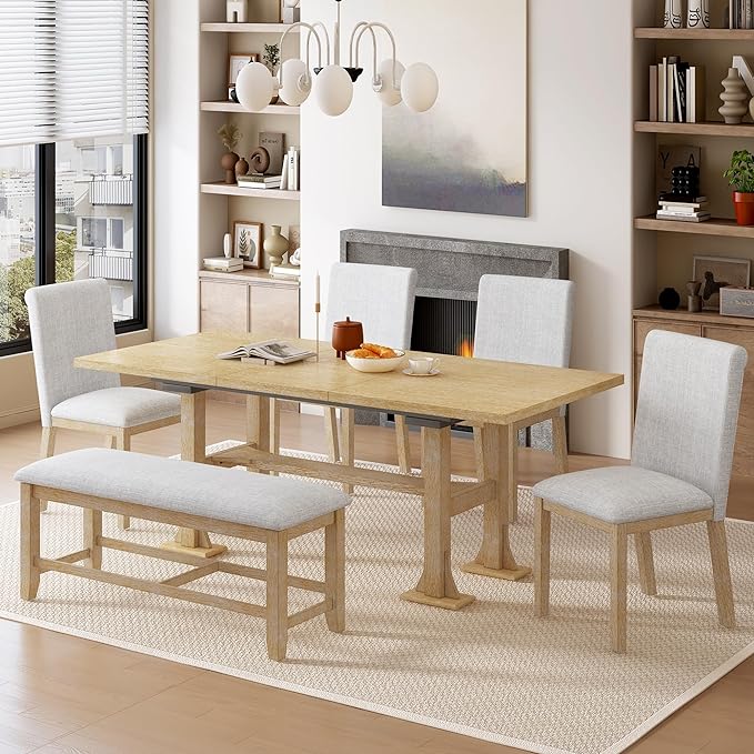 76Inch Dining Table Set for 6, Extendable Dining Table with 18inch Removable Leaf and Upholstered Dining Chair and Bench for Dining Room, Natural+Light Grey - LeafyLoom