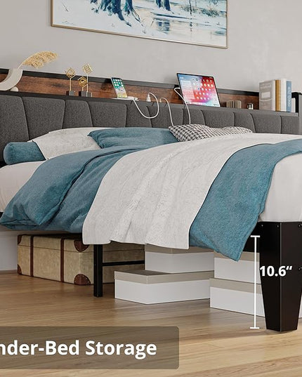 LIKIMIO California King Bed Frames, Storage Headboard with Charging Station, Solid and Stable, Noise Free, No Box Spring Needed, Easy Assembly - LeafyLoom