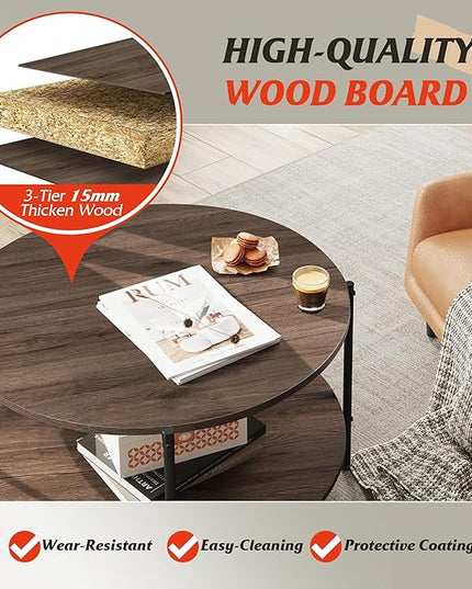 WLIVE Round Coffee Table, Living Room Table with 2-Tier Storage Shelf,32in Wood Modern Coffee Table with Metal Frame and Wood Desktop,Easy Assembly，Brown Walnut. - LeafyLoom