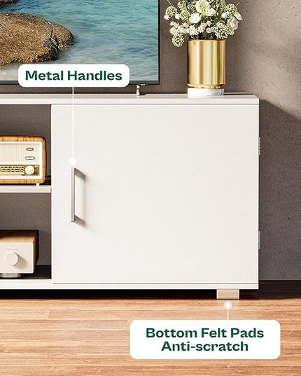TV Stand for 55 Inch TV, Entertainment Center with Storage, 2 Cabinets, TV Console Media Cabinet with 6 Cable Holes, White TV Stand for Living Room, Bedroom - LeafyLoom