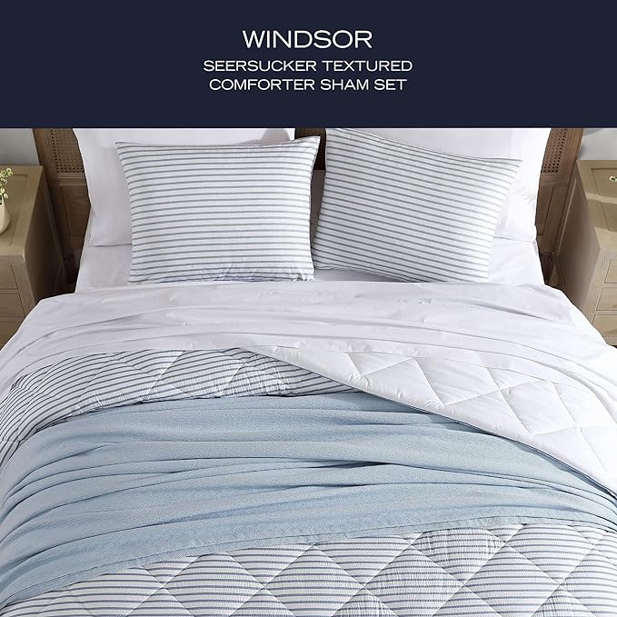 Nautica - Twin Comforter Set, Luxuriously Soft Seersucker Textured Bedding with Matching Sham, Wrinkle-Free Striped Home Decor, Dorm Room Essentials (Windsor Blue, Twin) - LeafyLoom