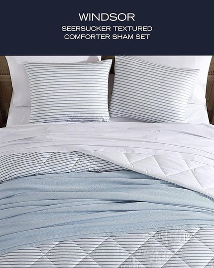 Nautica - King Comforter Set, Luxuriously Soft Seersucker Textured Bedding with Matching Shams, Wrinkle-Free Striped Home Decor (Windsor Blue, King) - LeafyLoom