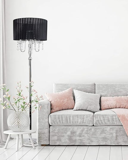 Elegant Designs LF1002-BLK Trendy Romantic Sheer Shade Hanging Crystals, Black Floor Lamp - LeafyLoom