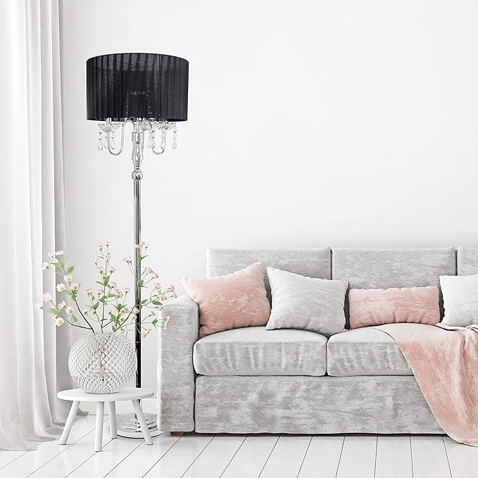 Elegant Designs LF1002-BLK Trendy Romantic Sheer Shade Hanging Crystals, Black Floor Lamp - LeafyLoom