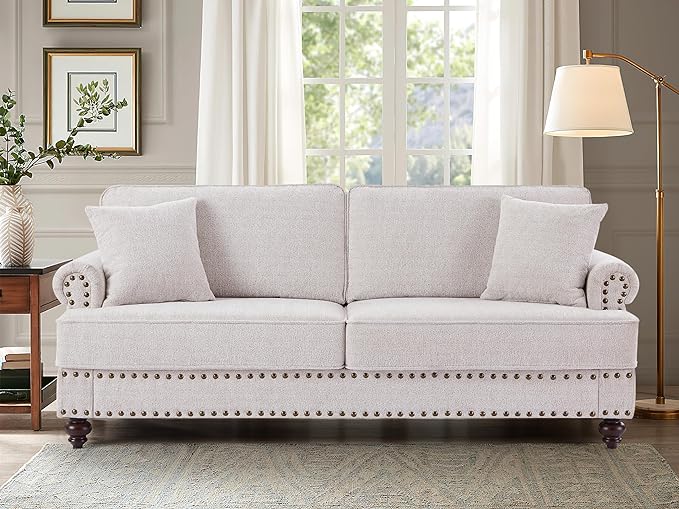 Upholstered 3-Seater Sofa with Rolled Armrest,Modern Couch with Wood Turned Legs and Nailhead Trim Design,for Living, 82" W, White - LeafyLoom