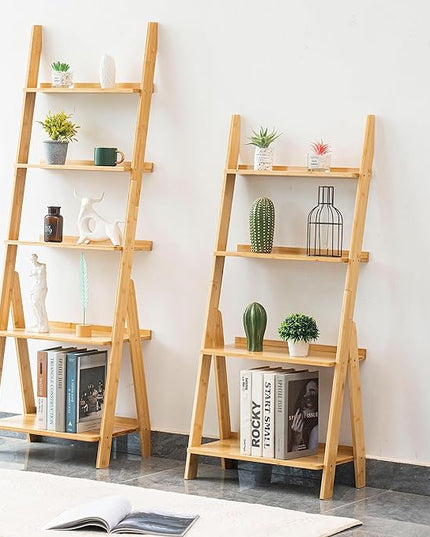 DOUSY- 4-Tier Bamboo Ladder Shelf Ladder Bookshelf Plant & Flower Stand Bookcase, Freestanding Storage Rack Organizer Display Shelf for Living Room, Home Office, Bedroom, Balcony, Natural Wood - LeafyLoom