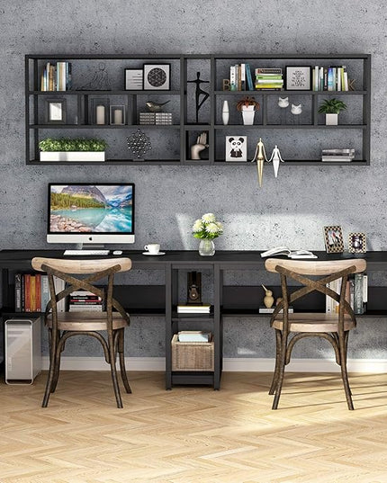 Tribesigns Two Person Desk with Bookshelf, 78.7 Computer Office Double Desk for Two Person, Rustic Writing Desk Workstation with Shelf for Home Office (Black) - LeafyLoom