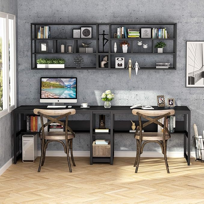 Tribesigns Two Person Desk with Bookshelf, 78.7 Computer Office Double Desk for Two Person, Rustic Writing Desk Workstation with Shelf for Home Office (Black) - LeafyLoom