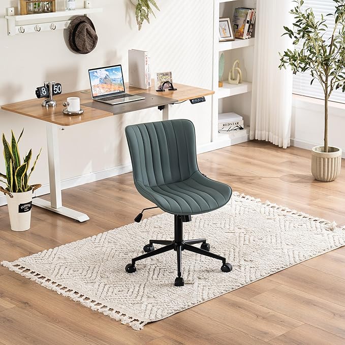 YOUNIKE Armless Office Chair Swivel Desk Chair with Wheels Upholstered Leather Computer Chair Adjustable Task Chair Modern Rolling Chair with Back, Greyish Green - LeafyLoom