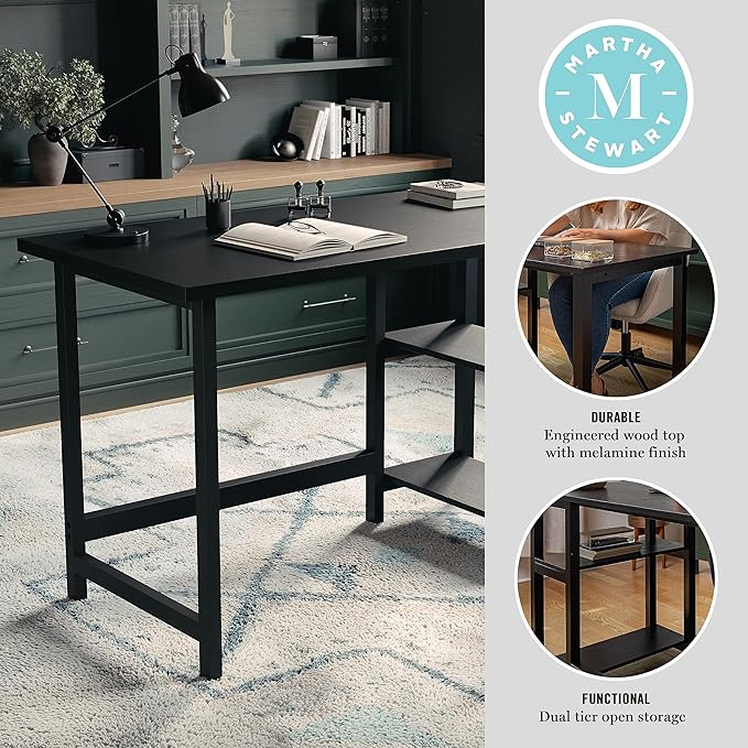 Martha Stewart Beckett Modern Trestle Desk with Open Side Shelving in Black Wood Grain Finish - LeafyLoom