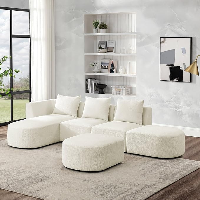 113" L-Shape Sectional Side Chaise and Ottoman, Modular Sofa, DIY Combination, Loop Yarn Fabric for Living Room, Apartment, 113inch, Beige Left - LeafyLoom