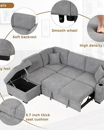 87.4" L Shape Sleeper Sectional Sofa w/Pull Out Bed & Storage Ottoman, Velvet Upholstered Couch, for Living Room, Bedroom and Small Apartment, 87.4 Inch, Gray - LeafyLoom