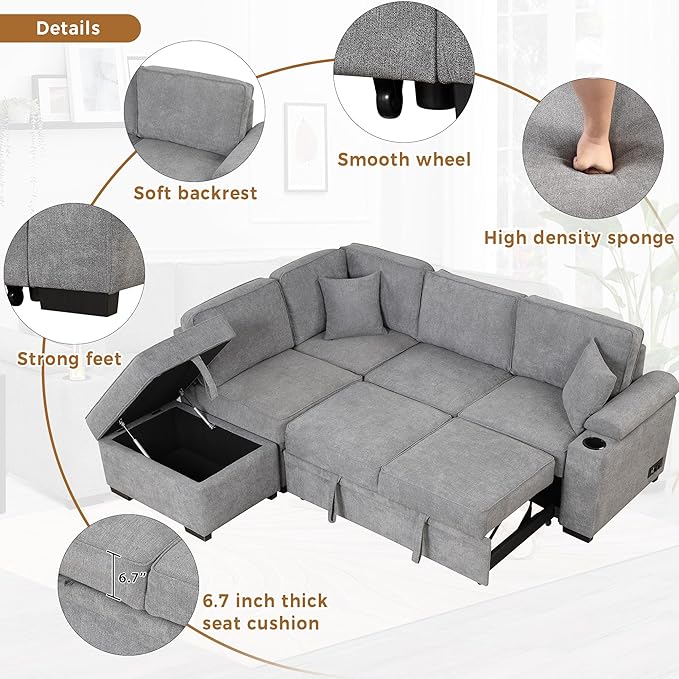 87.4" L Shape Sleeper Sectional Sofa w/Pull Out Bed & Storage Ottoman, Velvet Upholstered Couch, for Living Room, Bedroom and Small Apartment, 87.4 Inch, Gray - LeafyLoom