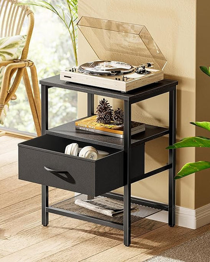 Night Stand with Fabric Drawer, Side Table with Mesh Shelf, Bedroom Nightstand, Fabric Drawer Dresser, Open Shelf, Metal Frame, Couch Side, Black - LeafyLoom