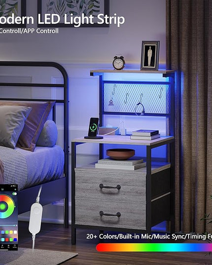 Tall Nightstand Set of 2 with Charging Station and LED Lights, Night Stand with Fabric Drawers, Bedside Table 36.4 Inch with Storage Shelves, Side Table, Mesh Shelves with Hooks, Greige - LeafyLoom