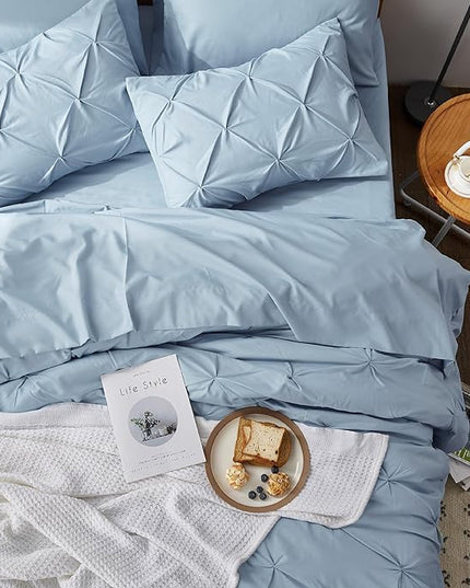 Bedsure Blue Comforter Set Queen - Bed in a Bag Queen 7 Pieces, Pintuck Bedding Sets Light Blue Bed Set with Comforter, Sheets, Pillowcases & Shams - LeafyLoom