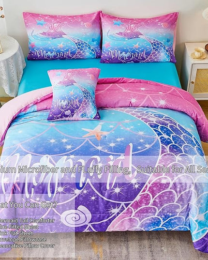 RYNGHIPY Mermaid Comforter Set 6Pcs, Kids Gilrs Bed in a Bag Full Size, Mermaid Tail Print Teens Girls Bedding Set, Rainbow Bedding Collections - LeafyLoom