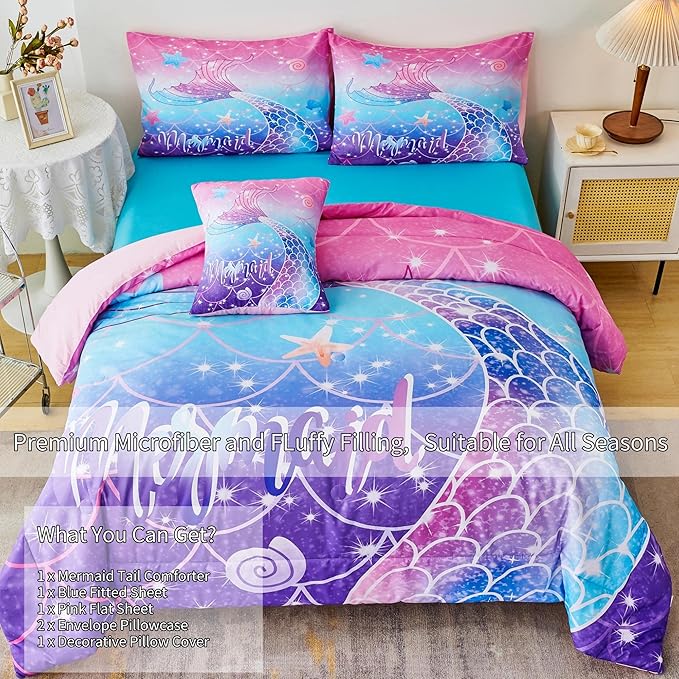 RYNGHIPY Mermaid Comforter Set 6Pcs, Kids Gilrs Bed in a Bag Full Size, Mermaid Tail Print Teens Girls Bedding Set, Rainbow Bedding Collections - LeafyLoom