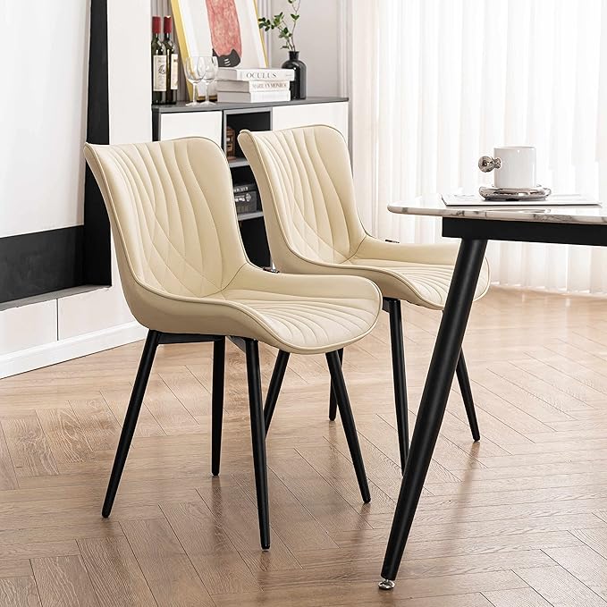 YOUTASTE Dining Chairs Set of 2 Upholstered Mid Century Modern Kitchen Dining Room Chairs Armless Faux Leather Accent Chairs Metal Vanity Lounge Chair with Back for Living Room Bedrooms,Beige - LeafyLoom