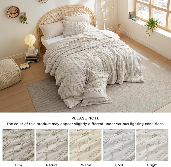 Bedsure Tufted Boho Comforter Set California King - Linen Boho Bedding Comforter Set, 3 Pieces Farmhouse Shabby Chic Embroidery Bed Set, Soft Jacquard Comforter for Women Men Girls - LeafyLoom