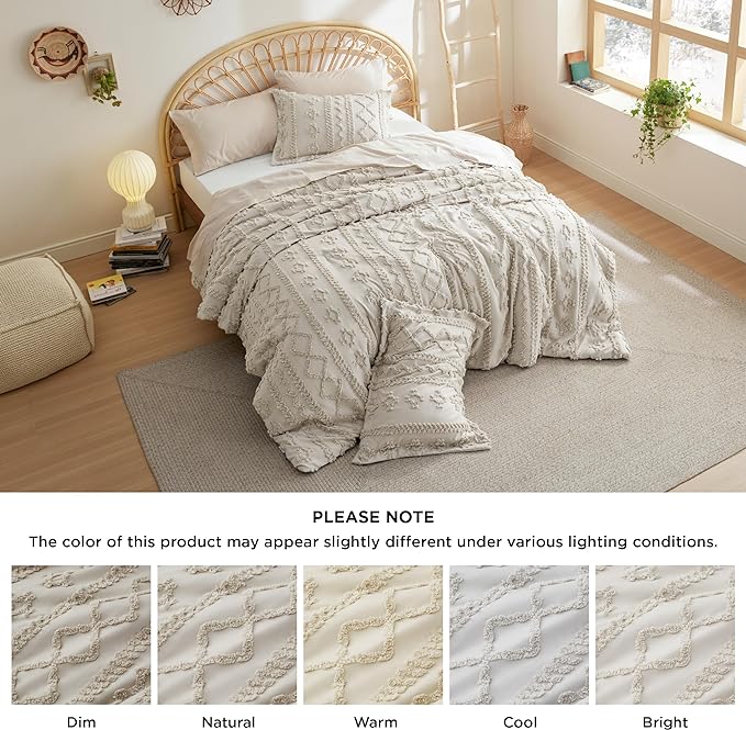 Bedsure Tufted Boho Comforter Set King - Linen Boho Bedding Comforter Set, 3 Pieces Farmhouse Shabby Chic Embroidery Bed Set, Soft Jacquard Comforter for Women Men Girls - LeafyLoom