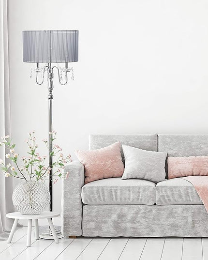 Elegant Designs LF1002-GRY Romantic Cascading Crystal and Chrome Drum Shade Floor Lamp, Gray - LeafyLoom