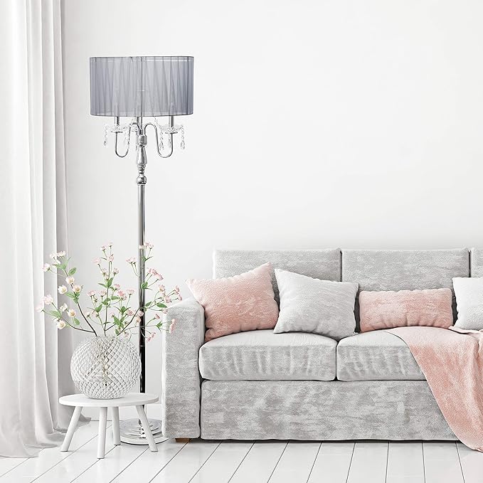 Elegant Designs LF1002-GRY Romantic Cascading Crystal and Chrome Drum Shade Floor Lamp, Gray - LeafyLoom