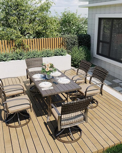 Pamapic 7 Piece Outdoor Dining Set, Rattan Outdoor Patio Furniture Set for Deck Backyard Garden with Iron Outdoor Dining Table, 6 Swivel Outdoor Dining Chairs and Removable Cushions (Beige) - LeafyLoom