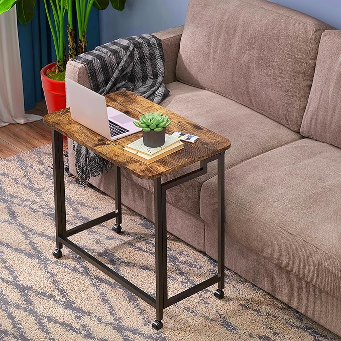 4NM 23.6" Mobile Small Folding Desk, Adjustable Rolling Compact Laptop Cart Desk, Couch Desk, Bed Desk for Laptop for Small Space Offices - Rustic Brown and Black - LeafyLoom