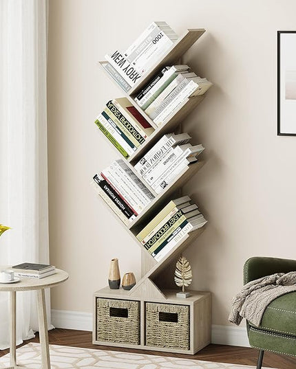 Vagusicc 6 Tier Tree Bookshelf - Retro Shelf Floor Standing Bookcase with Baskets, Tall Wood Book Storage Rack for Books/CDs, Tree Utility Book Organizer Shelves for Living Room, Home Office, Bedroom - LeafyLoom