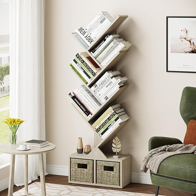 Vagusicc 6 Tier Tree Bookshelf - Retro Shelf Floor Standing Bookcase with Baskets, Tall Wood Book Storage Rack for Books/CDs, Tree Utility Book Organizer Shelves for Living Room, Home Office, Bedroom - LeafyLoom