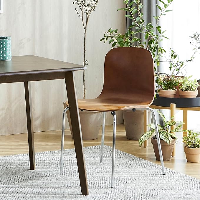 Livinia No.10 Mid-Century Modern Wooden Dining Chairs Set of 2, Contemporary Bentwood Kitchen Interior Armless Chairs with Steel Legs (Walnut) - LeafyLoom
