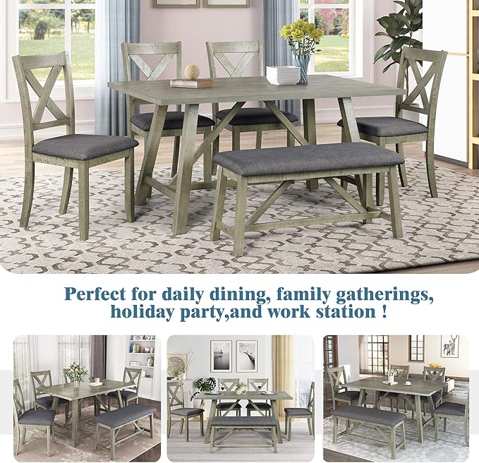 6-Piece Wood Rectangle Dining Table Set with Bench and 4 Upholstered Chairs for Kitchen Living Room, Farmhouse Rustic Style, Gray, 60" L x 36" W x 29.9" H - LeafyLoom
