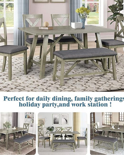 Dining Room Table Set for 6, Wood Kitchen Table Set with 4 Upholstered Chairs & 1 Padded Bench, 6-Piece Rustic Style Dining Table and Chairs for Kitchen, Dining Room, Grey Green - LeafyLoom
