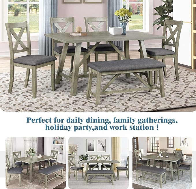 Dining Room Table Set for 6, Wood Kitchen Table Set with 4 Upholstered Chairs & 1 Padded Bench, 6-Piece Rustic Style Dining Table and Chairs for Kitchen, Dining Room, Grey Green - LeafyLoom