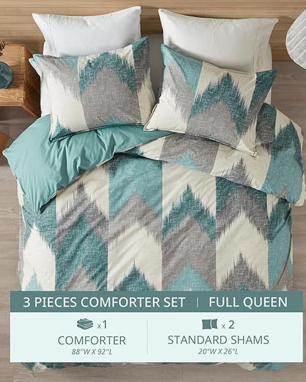 INK+IVY Queen Size Comforter Set, Cozy Cotton Comforter, All Season, Lightweight Comforter Queen Bed Set with 2 Matching Shams, Modern Cabin Lodge Ikat Chevron Design, Aqua Full/Queen 3 Piece - LeafyLoom