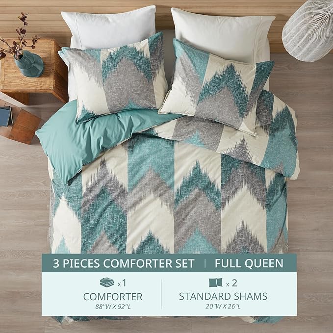 INK+IVY Queen Size Comforter Set, Cozy Cotton Comforter, All Season, Lightweight Comforter Queen Bed Set with 2 Matching Shams, Modern Cabin Lodge Ikat Chevron Design, Aqua Full/Queen 3 Piece - LeafyLoom