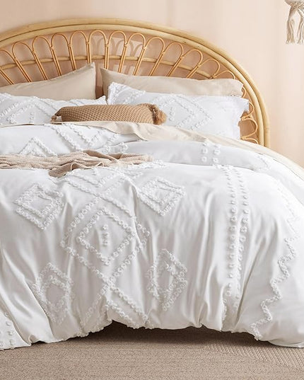 Bedsure Boho Comforter Set King - White Tufted Bedding Comforter Set, 3 Pieces Farmhouse Shabby Chic Embroidery Bedding Set, Soft Geometric Pattern Comforter for All Seasons - LeafyLoom