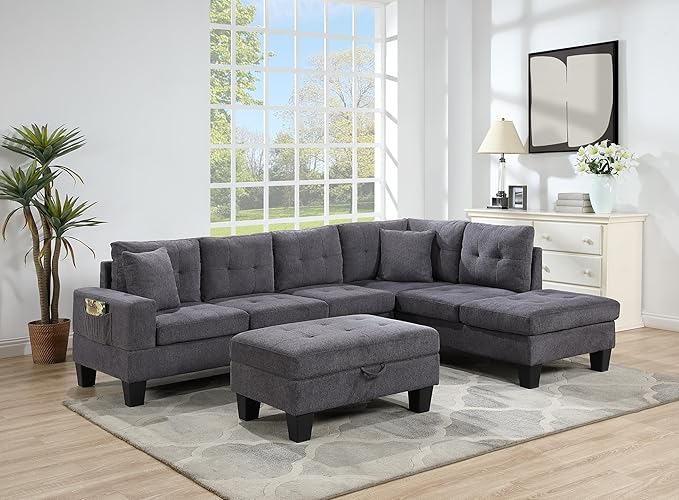 102" Wide Reversible Sectional Sofa L Shaped Upholstered Couch with Dropdown Armrest & Cupholders, Charging Ports, Storage Ottoman and Pillows for Living Room Apartment, Dark Gray - LeafyLoom