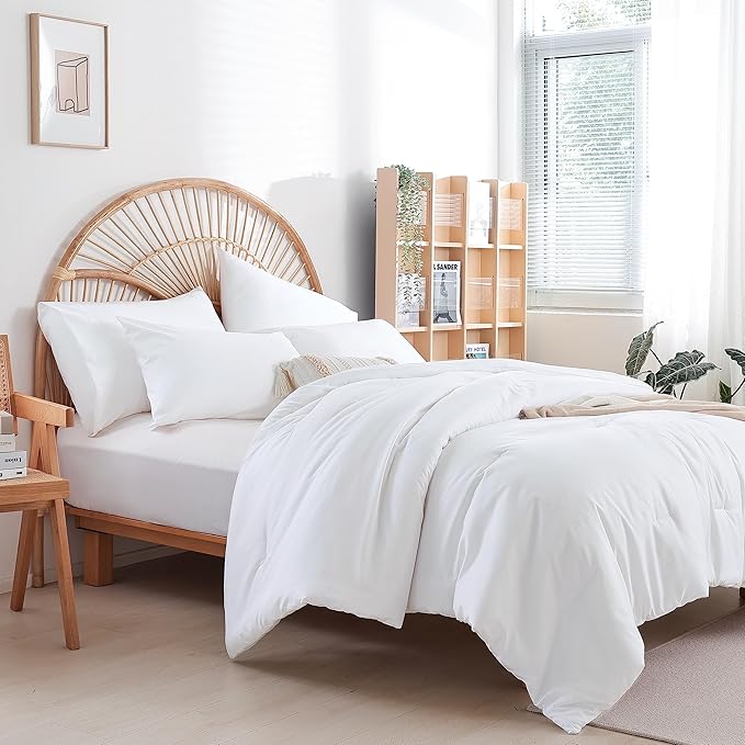 Queen Comforter Set White Comforter Boho Solid Color Bedding Comforter Set for All Season Soft lightweight Microfiber 3PCS Reversible Comforter Set (1 Comforter, 2 Pillowcases) - LeafyLoom