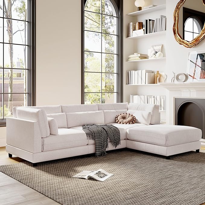 110.6" Modern 2 Pieces L Shaped Sofa with Removable Ottomans and Comfortable Waist Pillows, 4 Seat Large Upholstery Sectional Couch for Living Room, Office, Home, Apartment, 77.2inch, Beige-3 - LeafyLoom