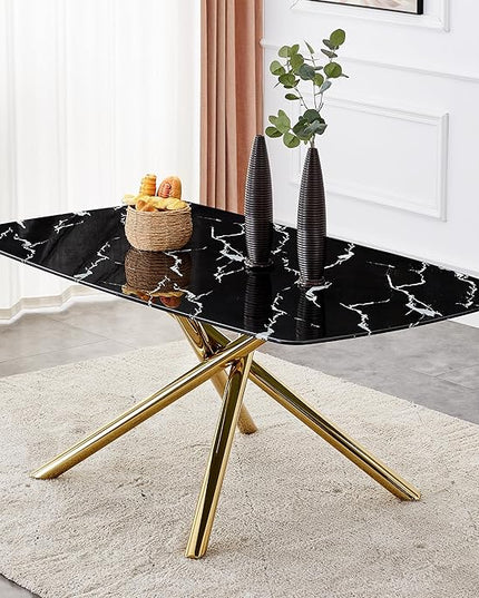 NicBex Large Modern Minimalist Rectangular Dining Table with 0.39 "Imitation Marble Black Tabletop and Golden Metal Legs for Kitchen Dining Living Meeting Room Banquet Hall, Black - LeafyLoom