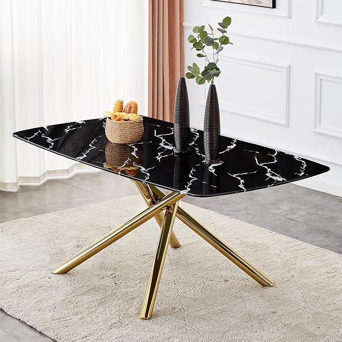 NicBex Large Modern Minimalist Rectangular Dining Table with 0.39 "Imitation Marble Black Tabletop and Golden Metal Legs for Kitchen Dining Living Meeting Room Banquet Hall, Black - LeafyLoom