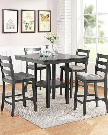 NicBex Small Dining Table Set for 4 Breakfast Nook Table Set Counter Height 5Pc Set Square Dining Table with Shelves Cushion Seat Ladder Back High Chairs Solid Wood, Grey - LeafyLoom