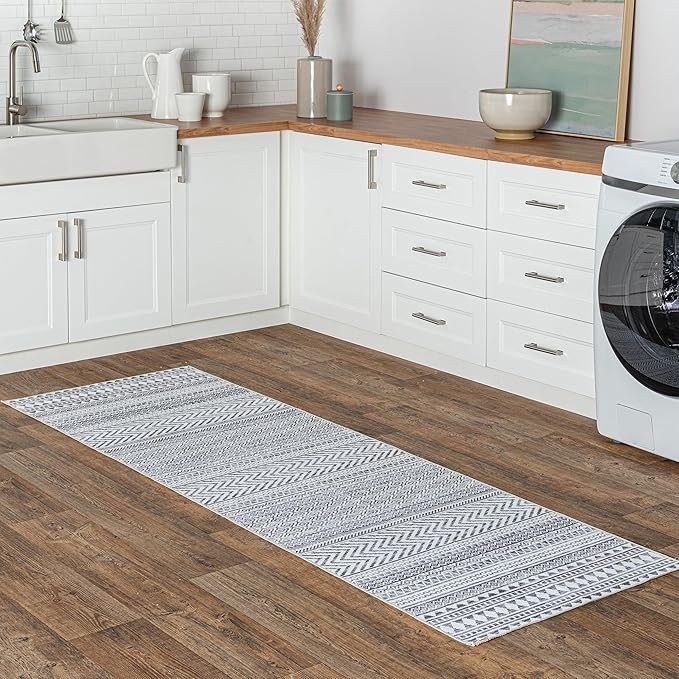 nuLOOM Kira Machine Washable Tribal Geometric Ultra Thin Runner Rug, 2' 6" x 10', Grey - LeafyLoom
