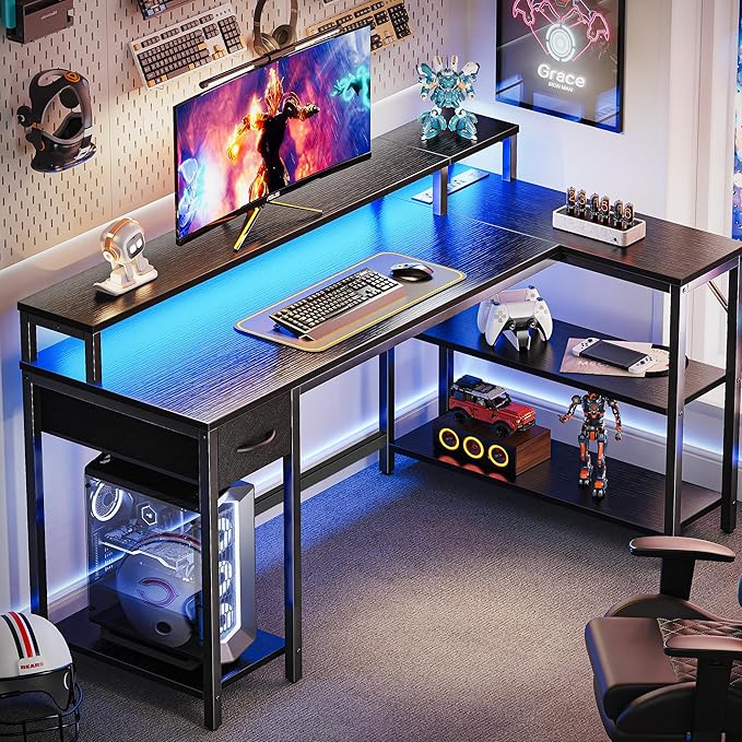 SUPERJARE 53 inch Reversible L Shaped Desk with LED Lights & Power Outlets, Computer Desk with Shelves & Monitor Stand, Gaming Desk with Drawer, Home Office Desk Corner Desk, Black - LeafyLoom
