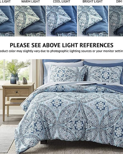 Comfort Spaces Bed in A Bag - Trendy Casual Design Cozy Comforter with Complete Sheet Set with Side Pocket, All Season Cover, Matching Shams, Full(80"x90"), Gloria, Damask Blue 9 Piece - LeafyLoom