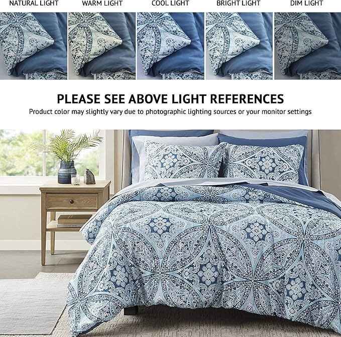 Comfort Spaces Bed in A Bag - Trendy Casual Design Cozy Comforter with Complete Sheet Set with Side Pocket, All Season Cover, Matching Shams, Full(80"x90"), Gloria, Damask Blue 9 Piece - LeafyLoom