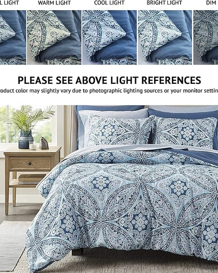 Comfort Spaces Bed in A Bag - Trendy Casual Design Cozy Comforter with Complete Sheet Set with Side Pocket, All Season Cover, Matching Shams, King(104"x90"), Gloria, Damask Blue 9 Piece - LeafyLoom