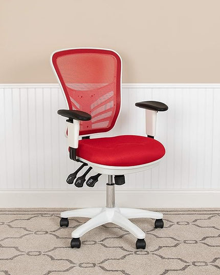 Flash Furniture Nicholas Mid-Back Red Mesh Multifunction Executive Swivel Ergonomic Office Chair with Adjustable Arms and White Frame - LeafyLoom